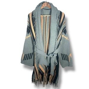 POL Green Aztec Striped Fringe Shawl Belted Open Cardigan Size Large